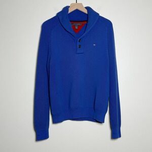 Tommy Hilfiger Mens Shawl Collar Pullover Sweater M Blue Cotton Knit Preppy